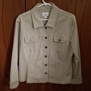 Tan stretch denim jacket with button closure